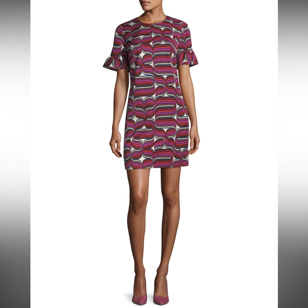 Trina Turk | Ribbon-Print Faille Sheath Ruffle-Sleeve Dress